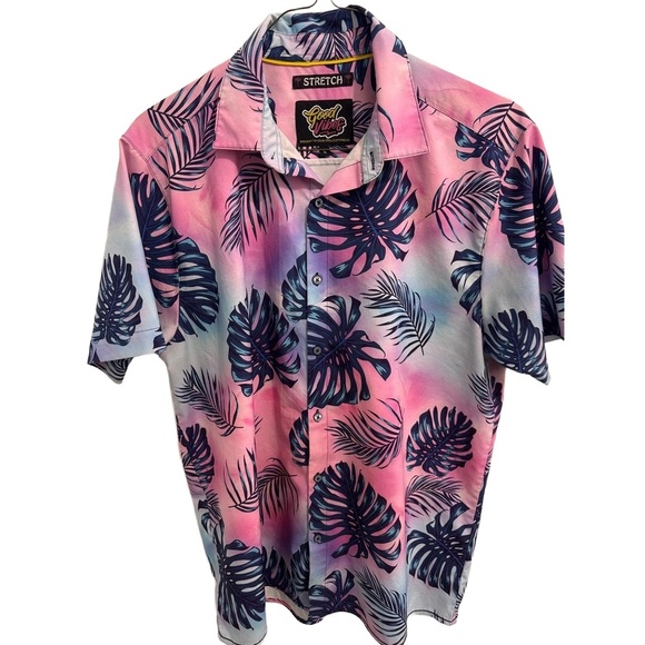 Good Vibes Tropical Palm Leaf Button-Up Shirt Men’s L – Stretch Polyester Retro - Picture 2 of 8